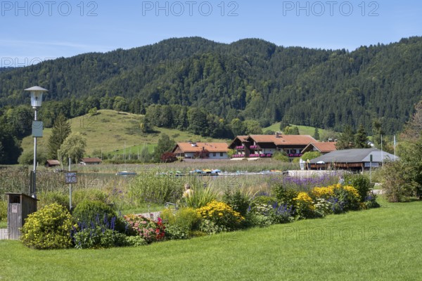 View from the spa park to the lake and district of Freudenberg, Schliersee, Upper Bavaria, Bavaria, Germany