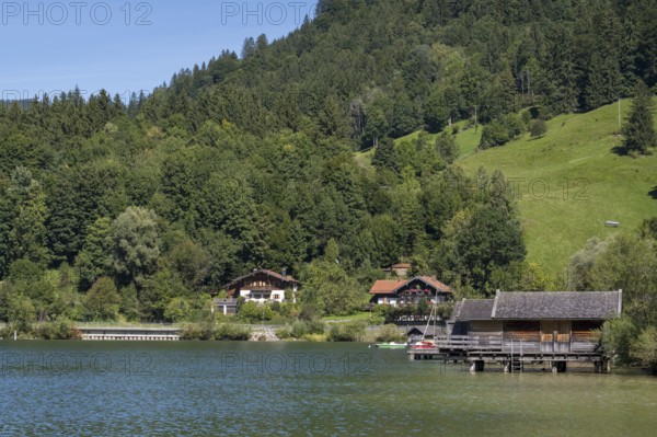 Buildings and landscape on Schliersee, town of Schliersee, Mangfall Mountains, Upper Bavaria, Bavaria, Germany