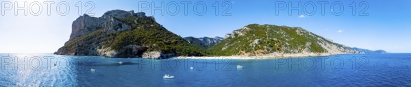 Panorama, picturesque rocky coast, cliffs and Cala Sisine beach, aerial view, Golfo di Orosei, Baunei, Sardinia, Italy