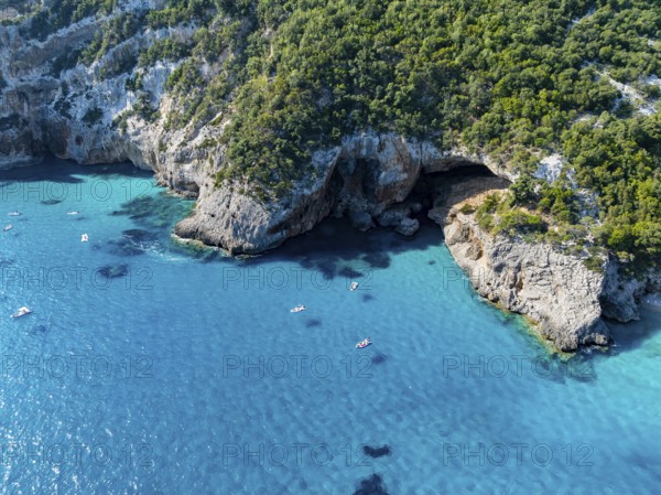 Picturesque rocky coast, cliffs and turquoise blue sea, aerial view, Golfo di Orosei, Baunei, Sardinia, Italy