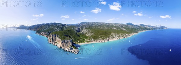 Picturesque rocky coast, cliffs and Cala Luna beach, aerial view, Golfo di Orosei, Baunei, Sardinia, Italy