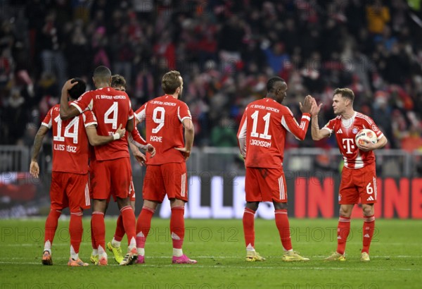 Goal cheers Joshua Kimmich FC Bayern Munich FCB (06) Nicolas Jackson FC Bayern Munich FCB (11) Harry Kane FC Bayern Munich FCB (09) Josip Stanisic FC Bayern Munich FCB (44) Luis Diaz FC Bayern Munich FCB (14) Allianz Arena, Munich, Bayern, Germany