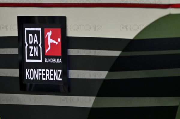 Moderation table, DAZN, Logo Bundesliga conference, conference call, Allianz Arena, Munich, Bavaria, Germany