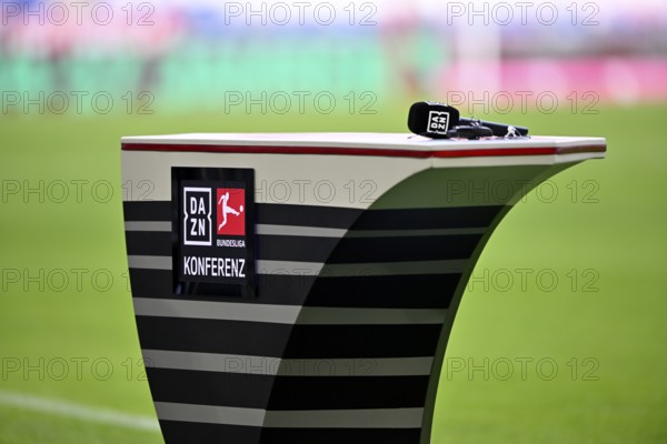 Microphone is on presentation table, DAZN, logo Bundesliga conference, conference call, Allianz Arena, Munich, Bavaria, Germany