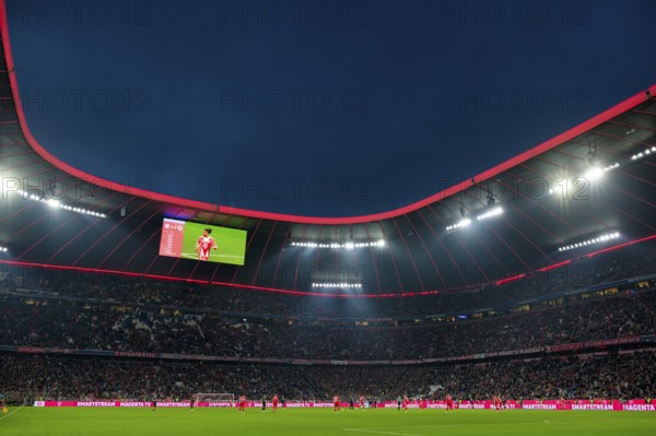 Floodlit game, soccer Bundesliga, blue hour, Allianz Arena, illuminated, Munich, Bayern, Germany