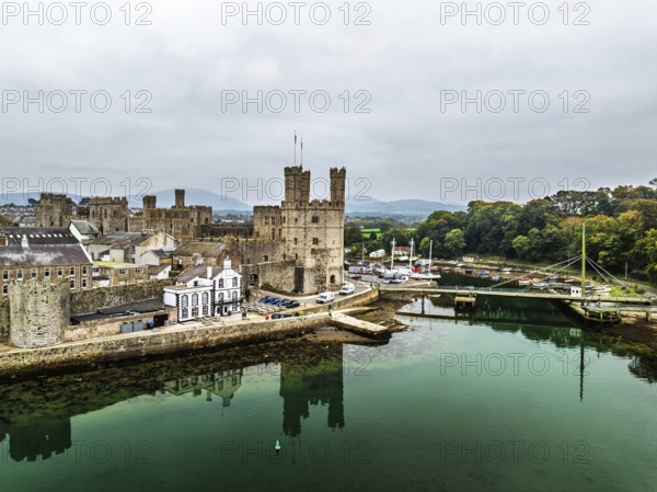 Caernarfon Castle from a drone, Caernarfon, Gwynedd, North-West Wales, UK