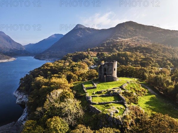 Autumn over Ruins of Dolbadarn Castle from a drone, Llanberis, Llywelyn, North Wales, UK
