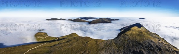 Snowdon Massif from a drone, Snowdon Range, Snowdonia, North Wales, UK