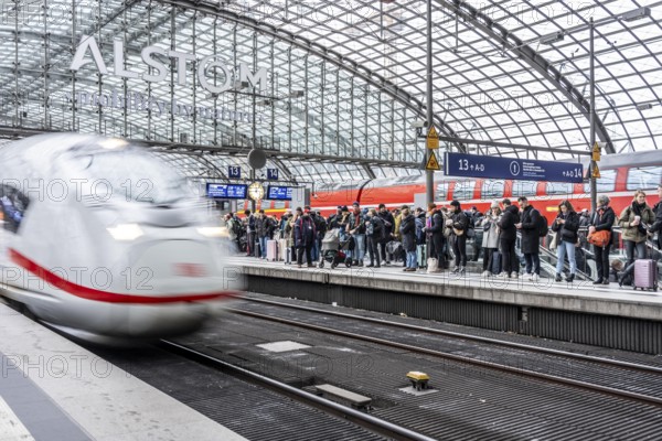 Central Station in Berlin, passengers on the platform, ICE train arrives, Germany