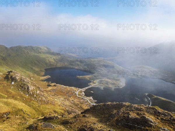 Pyg Track over Llyn Llydaw lake from a drone, Pen-y-Pass, mountain pass, Snowdonia, Gwynedd, north-west Wales, UK