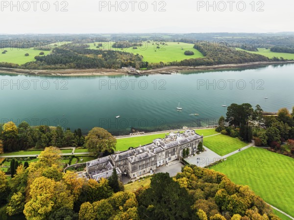 Autumn over Plas Newydd House from a drone, Gardens and Parkland, Llanfairpwllgwyngyll, Anglesey, Wales, UK