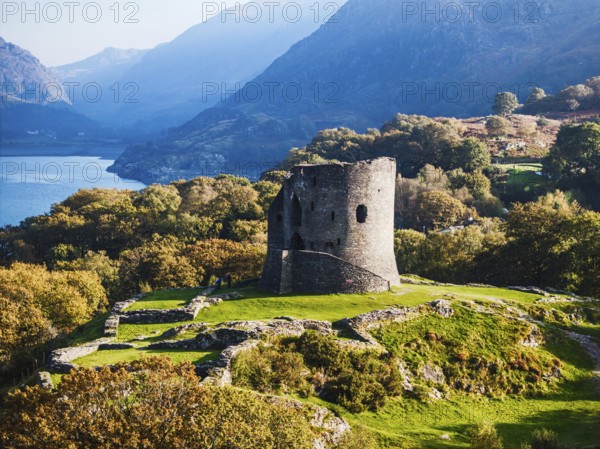 Autumn over Ruins of Dolbadarn Castle from a drone, Llanberis, Llywelyn, North Wales, UK