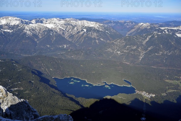 View of Lake Eibsee lake from the mountain station of the Zugspitz cable car (2962 m), Grainau municipality, Garmisch-Partenkirchen district, Bavaria, Germany