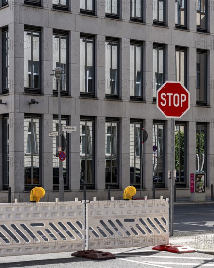 Barriers and signs with traffic signs at road construction sites in Berlin Mitte, Berlin, Germany
