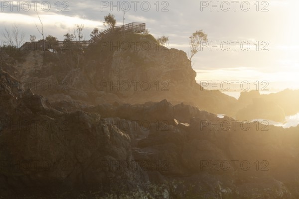 Sunset at Fisherman's Lookout. Dramatic waves and coastal scenery at The Pass, New South Wales, Australia