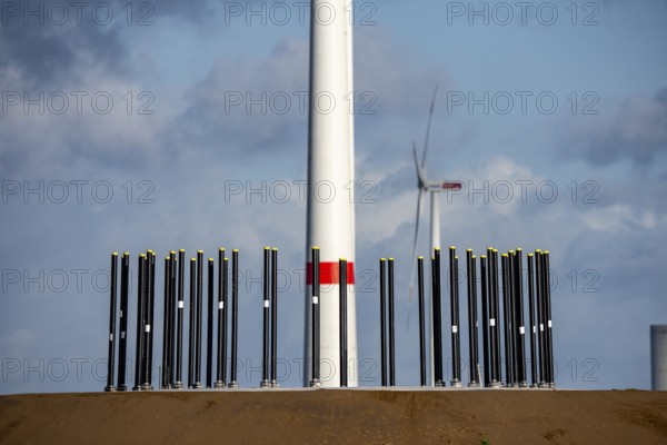 Construction site of the new Bedburg 3 wind farm, on recultivated open-cast mining site, 9 wind power plants with an output of 60 megawatts are being built, finished foundation on which the wind turbine tower is then built, operated by RWE and the city of Bedburg, North Rhine-Westphalia, Germany