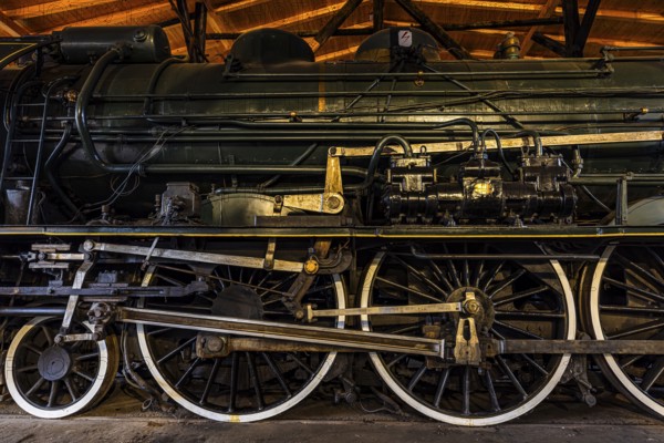 Wheelwork of the legendary French locomotive La France, operating number 231.K 22, railway museum, Augsburg railway park, administrative district of Swabia, Bavaria, Germany