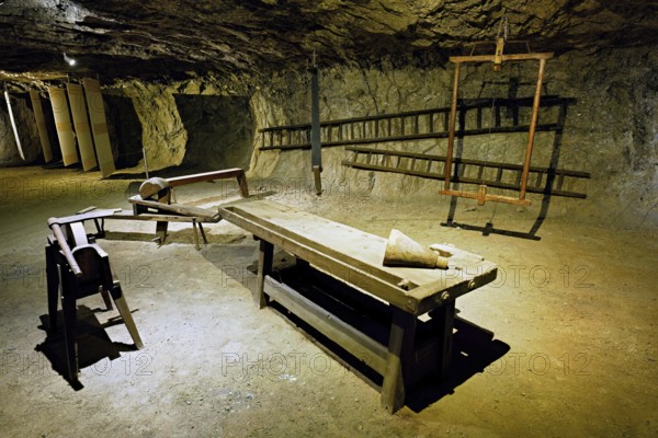 Old tools for salt production on display, salt mine, Bex, Canton of Vaud, Switzerland
