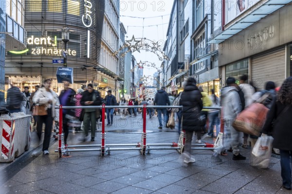 Pedestrian zone in Essen, secured by a mobile anti-terrorist lock, modular, movable barrier against car and truck shooting, are opened or closed by a security guard as required, model Herner Truck Lock, HTS, Limbecker Straße, in Essen, North Rhine-Westphalia, Germany