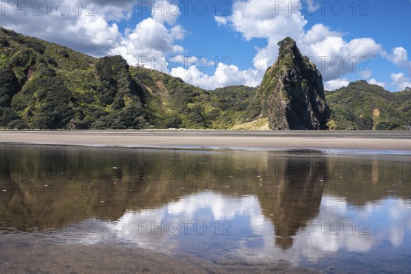 Landscape in New Zealand with sandy beach. Karekare Beach and The Watchman Rock. Karekare, Waitakere Ranges, West Auckland, New Zealand