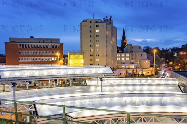 Skyline of Essen-Steele, high-rise building of the Kaiser-Otto-Residenz seniors residence, St. Lawrence, roof of the S-Bahn and bus station, public transport hub Steeler Platz, Essen North Rhine-Westphalia, Germany
