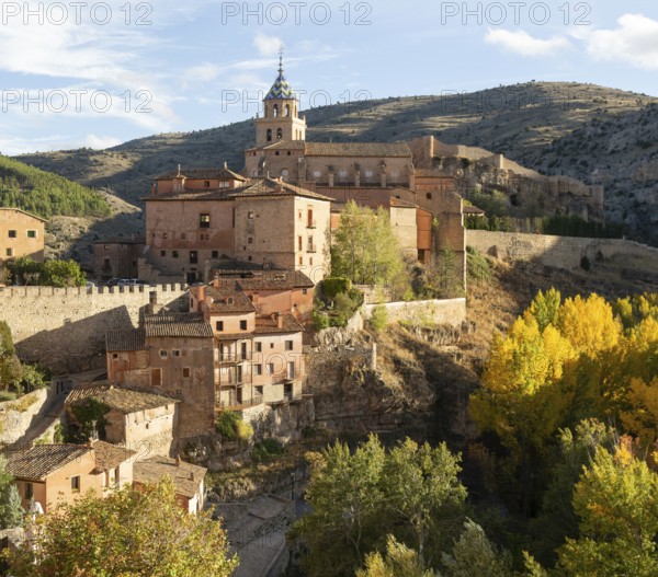 Historic buildings on hillside medieval village of Albarracin, Teruel province, Aragon, Spain