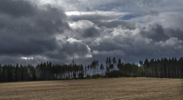 Rain clouds (Nimbostratus) over the Bavarian Forest, Upper Franconia, Bavaria, Germany