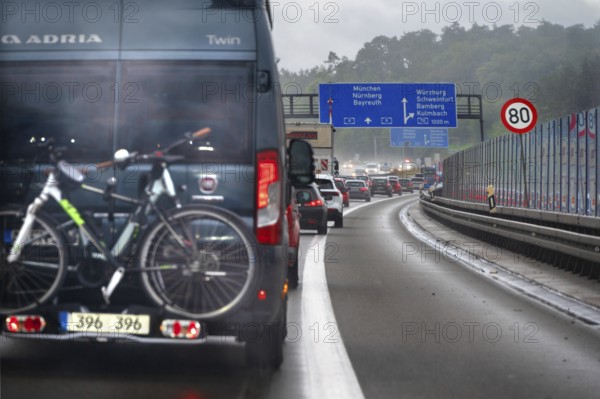 Traffic jam on the A9 motorway, a noise barrier on the right, Hof, Upper Franconia, Bavaria, Germany