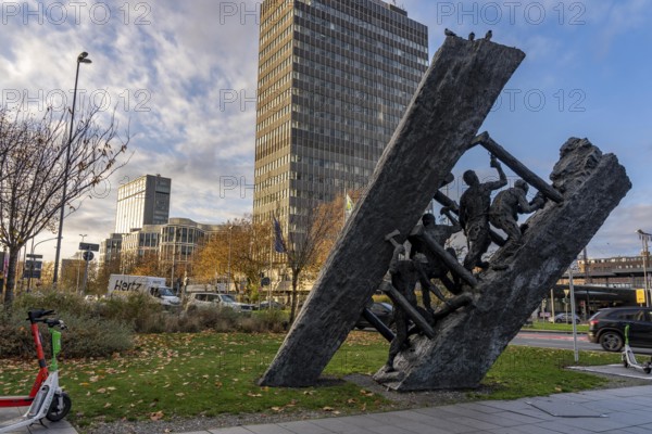 Downtown Essen, Miners' Monument Steile Lagerung, am Europaplatz, high-rise office buildings, at the main train station, North Rhine-Westphalia, Germany