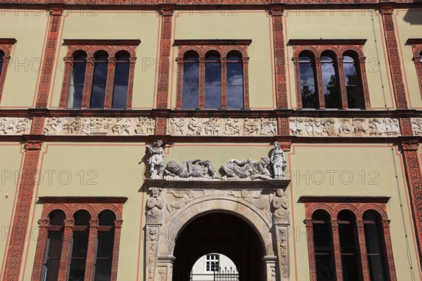 Façade of the Fürstenhof in Wismar, portal design of the passageway, Renaissance monument, district of Northwest Mecklenburg, Mecklenburg-Western Pomerania, Germany