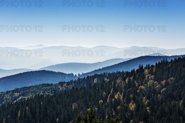 Staggered mountain ranges in haze, at Hohneck, Col de la Schlucht, Vosges, Alsace-Lorraine, Vosges Haut-Rhin Department, France