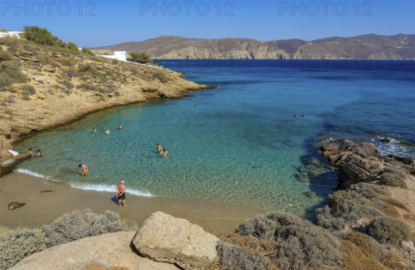 Agios Sostis, Mykonos, Cyclades, Greece - Agios Sostis, small town with the famous restaurant Kikis Tavern, here the small bay LOVERS BEACH directly below the restaurant, sandy beach in the north of the island