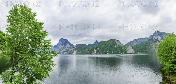 Landscape of Lake Traunsee on a rainy day in spring, Traunstein summit, Traunkirchen, Salzkammergut, Austria