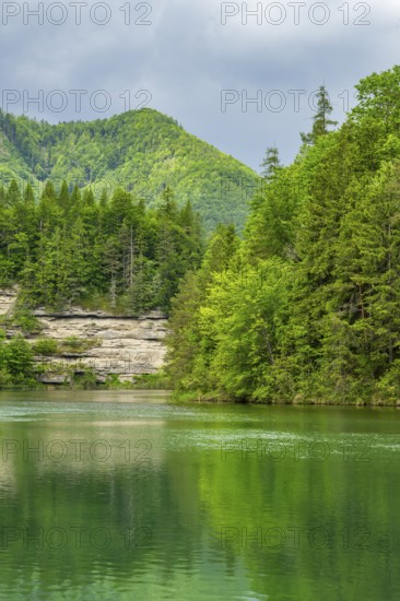 Landscape of Lake Elisabethsee on a rainy day in spring, Austria