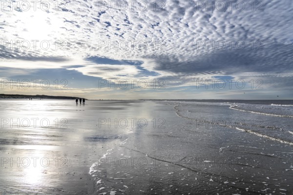 Walkers on the Wadden Sea near the East Frisian island of Spiekeroog, west of the North Sea island, at low tide, Lower Saxony, Germany