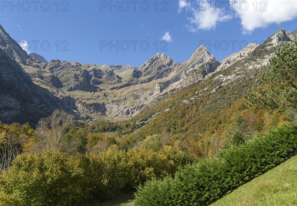 Mountain landscape view Ordesa y Monte Perdido National Park, Bielsa parador, Huesca province, Aragon, Spain