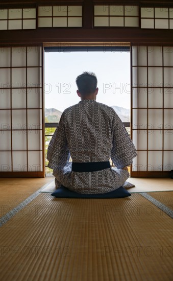 Young man wearing kimono sitting in traditional Japanese living room with tatami mats and shoji sliding doors, from behind, Yamanouchi, Nagano, Japan