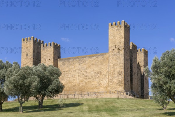 Historic walls and towers of Castillo de Sádaba, Sadaba castle, Zaragoza province, Aragon, Spain