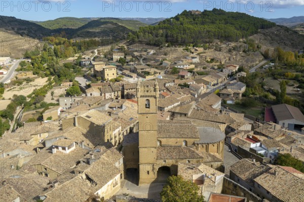 Church tower and rooftops of medieval village of Uncastillo, Cinco Villas, Zaragoza province, Aragon, Spain