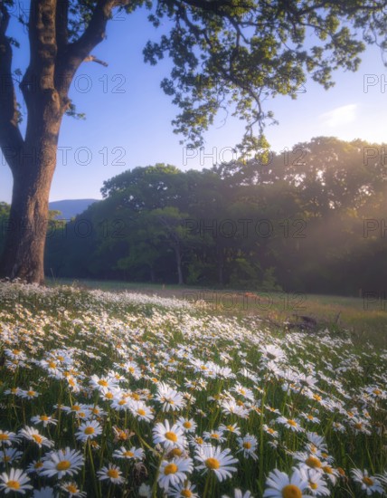 A sunlit meadow with daisies against a forest backdrop under a blue sky, Late summer country landscape with daisies meadow and sunbeams, forest in blurred background, hilly landscape in sunrise or sunset, tranquil nature template or poster for beauty of nature, AI generated