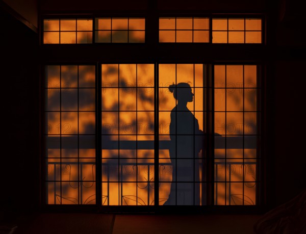 Shadows of a woman in kimono, on the balcony behind sliding shoji doors in a traditional Japanese house, Yamanouchi, Nagano, Japan