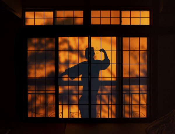 Shadows of a woman in kimono, on the balcony behind sliding shoji doors in a traditional Japanese house, ninja, Yamanouchi, Nagano, Japan