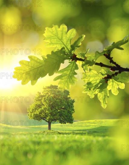 A serene landscape featuring a large tree by a stream at sunset with vibrant green grass and blooming flowers, spring landscape, the oak branch of nature, clear blue sky, idyllic atmosphere with green grass meadow, hills in the calm nature, AI generated