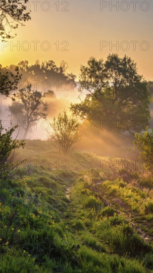 A misty field at sunrise with soft light illuminating trees and greenery, creating a serene atmosphere, spring or summer landscape, morning and the first sun lights at sunrise in fog, clear sky, idyllic nature with calm atmosphere, trees on hills, foggy river with mist, AI generated