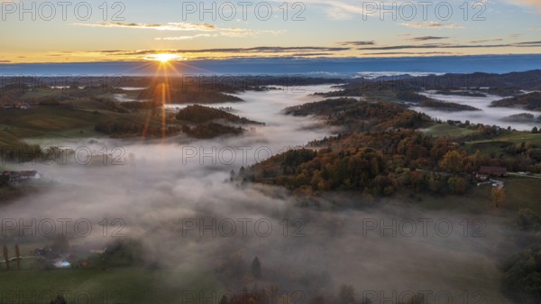 Aerial view, sunrise, typical landscape in autumn with vineyards, South Styrian hills, South Styrian wine route, Styria, Austria