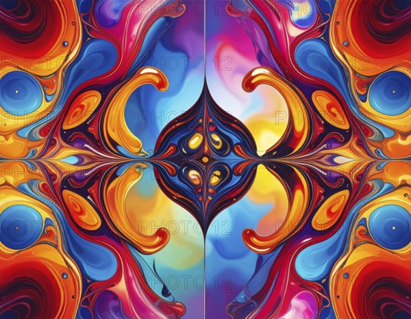 Symmetric Abstract Bright Liquid Ornament Background, futuristic wallpaper template illustration, vibrant blue and green neon hues, AI generated