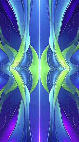 Symmetric Abstract Bright Liquid Ornament Background, futuristic wallpaper template illustration, vibrant blue and green neon hues, AI generated