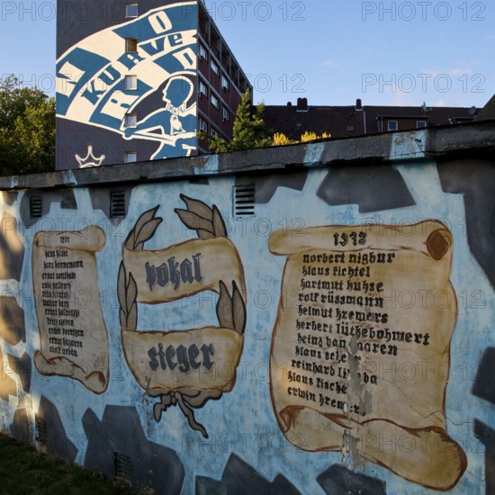 Painted wall on the Glückauf battle track with motifs of FC Schlake 04, Schalke, district of Gelsenkirchen, Ruhr area, North Rhine-Westphalia, Germany