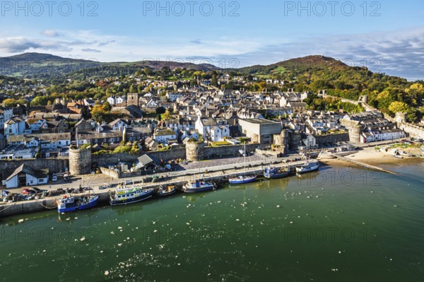 Conwy Castle over River Convy from a drone, Convy, North Wales, England, United Kingdom