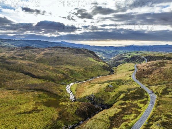 Cwm Cynfal Waterfalls on River Afon Cynfal from a drone, Llan Ffestiniog, Road B4391, Gwynedd, Snowdonia, Eryri, Wales, England, United Kingdom
